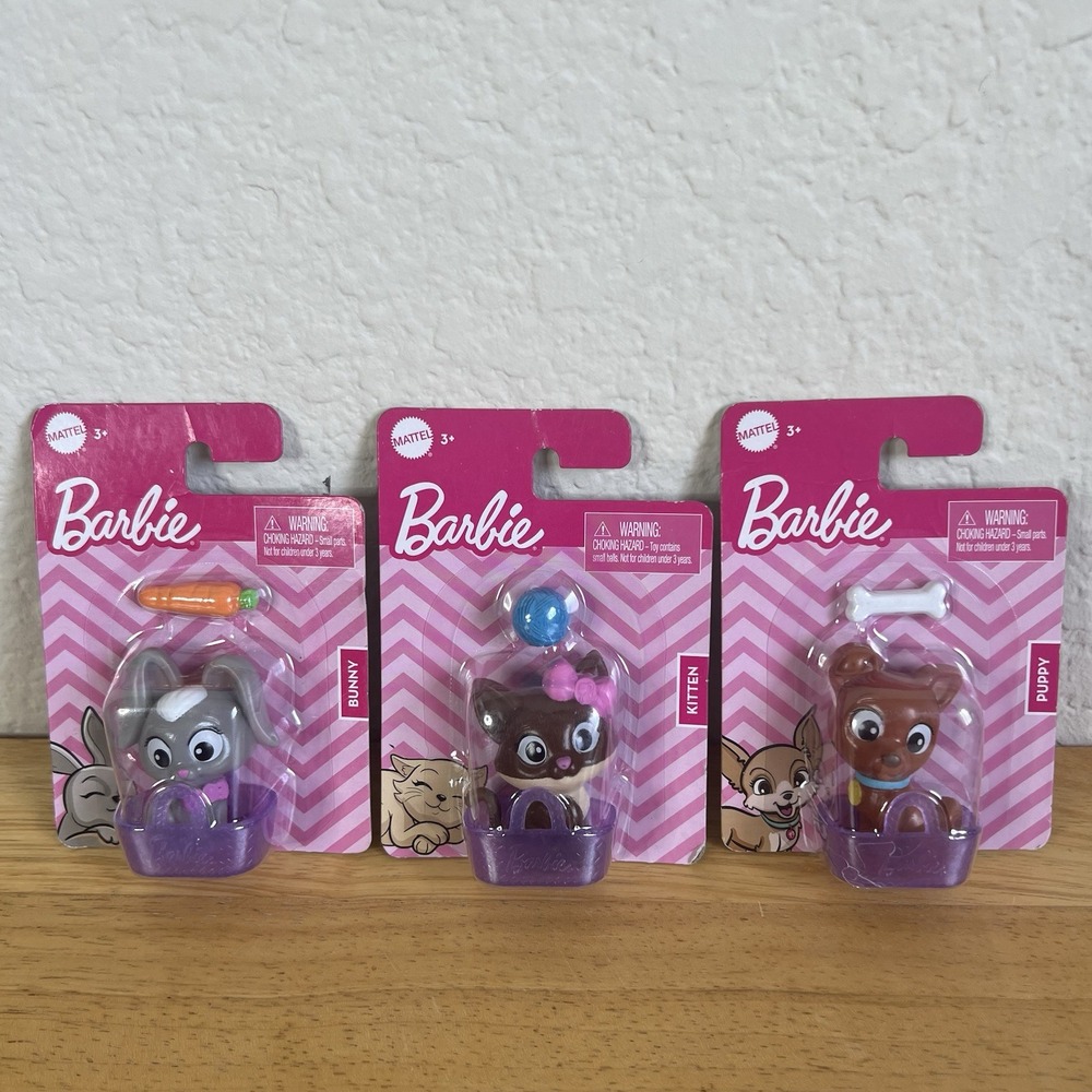 Set of 3 New Mattel Barbie Pets Puppy w/Bone Cat w/ Yarn Bunny w/Carrot